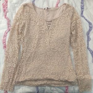 Candie’s Light Pink Cross V-neck Lace Long Sleeve